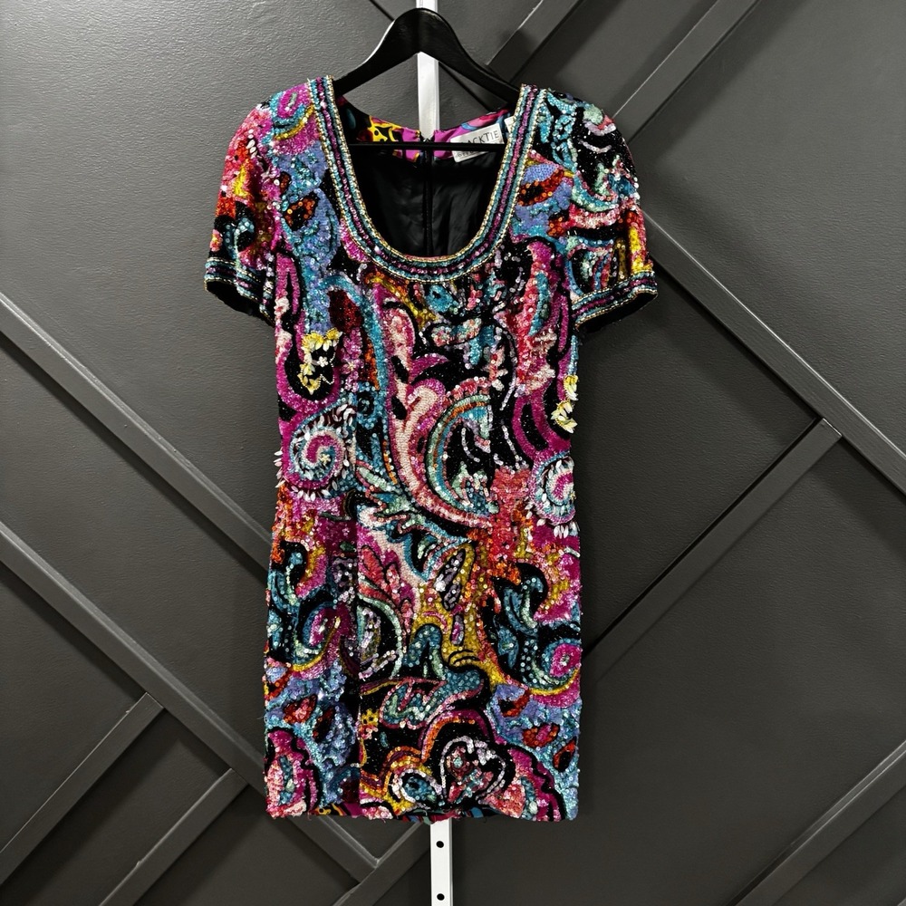 Black Tie Oleg Cassini Multicolor Paisley Sequin Beaded Mini Dress Womens Size 8